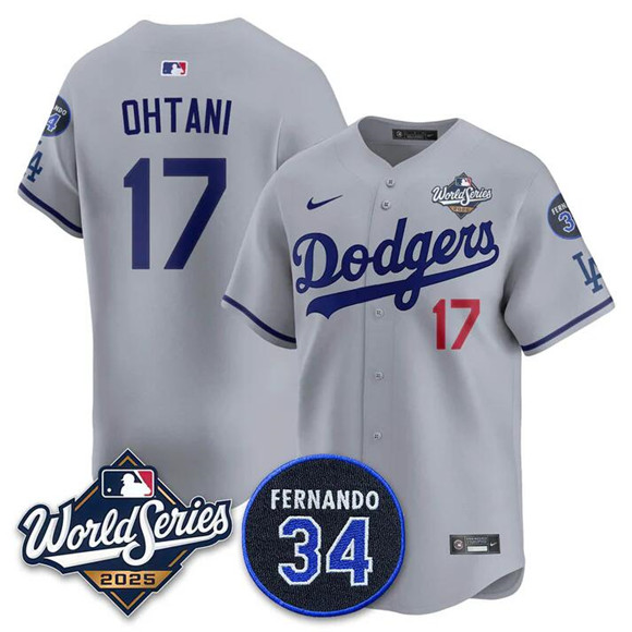 Men's Grey Los Angeles Dodgers #17 Shohei Ohtani 2025 World Series With No.34 Patch Limited Stitched Baseball Jersey